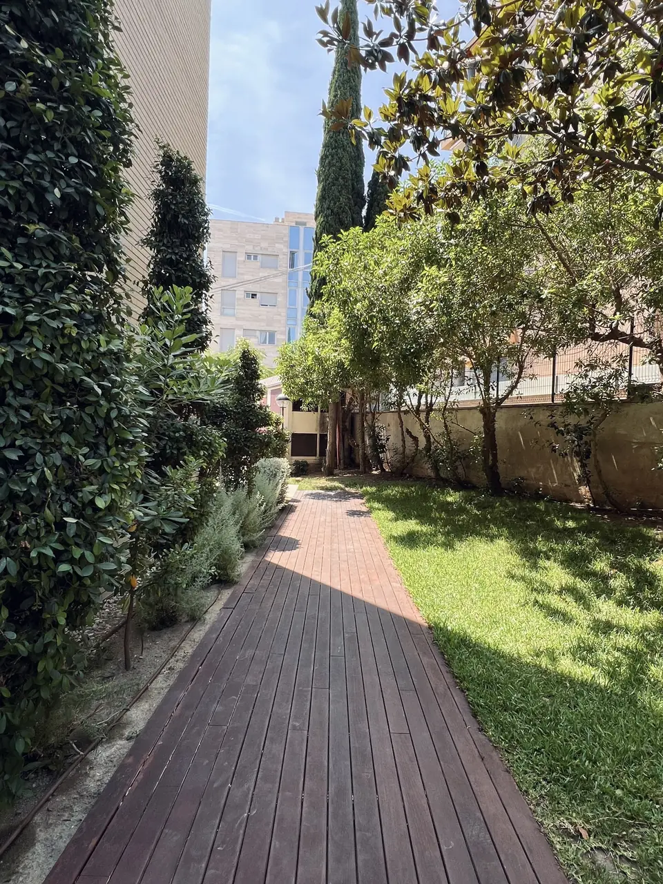 Zona verde de una comunidad de vecinos con paseo de madera, setos altos y césped